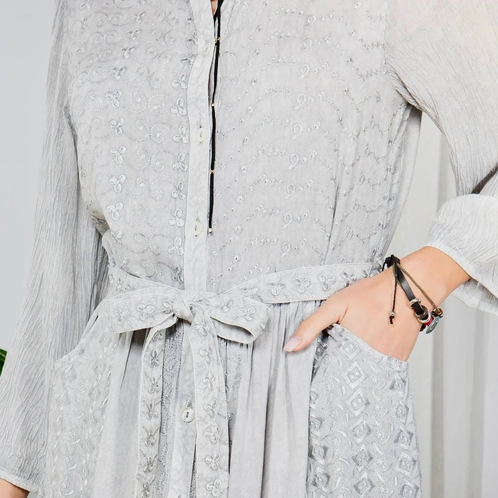 Young Threads Bohemian Baby Doll Button Down Dress in Light Gray Size L NWT - Picture 5 of 14